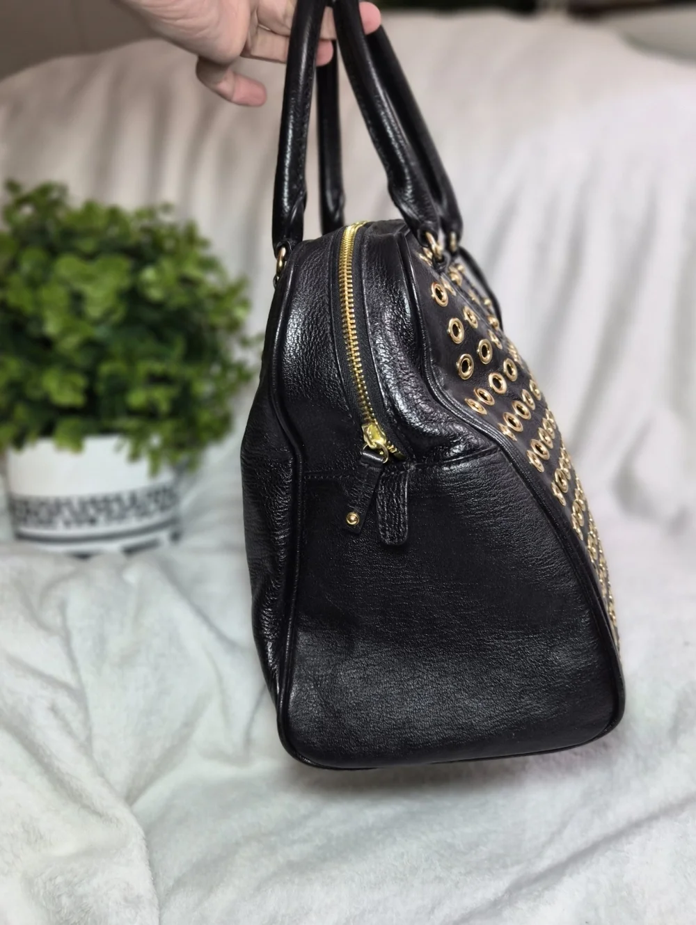 Michael Kors Sandrine Large Grommet Leather Satchel - Black & Gold